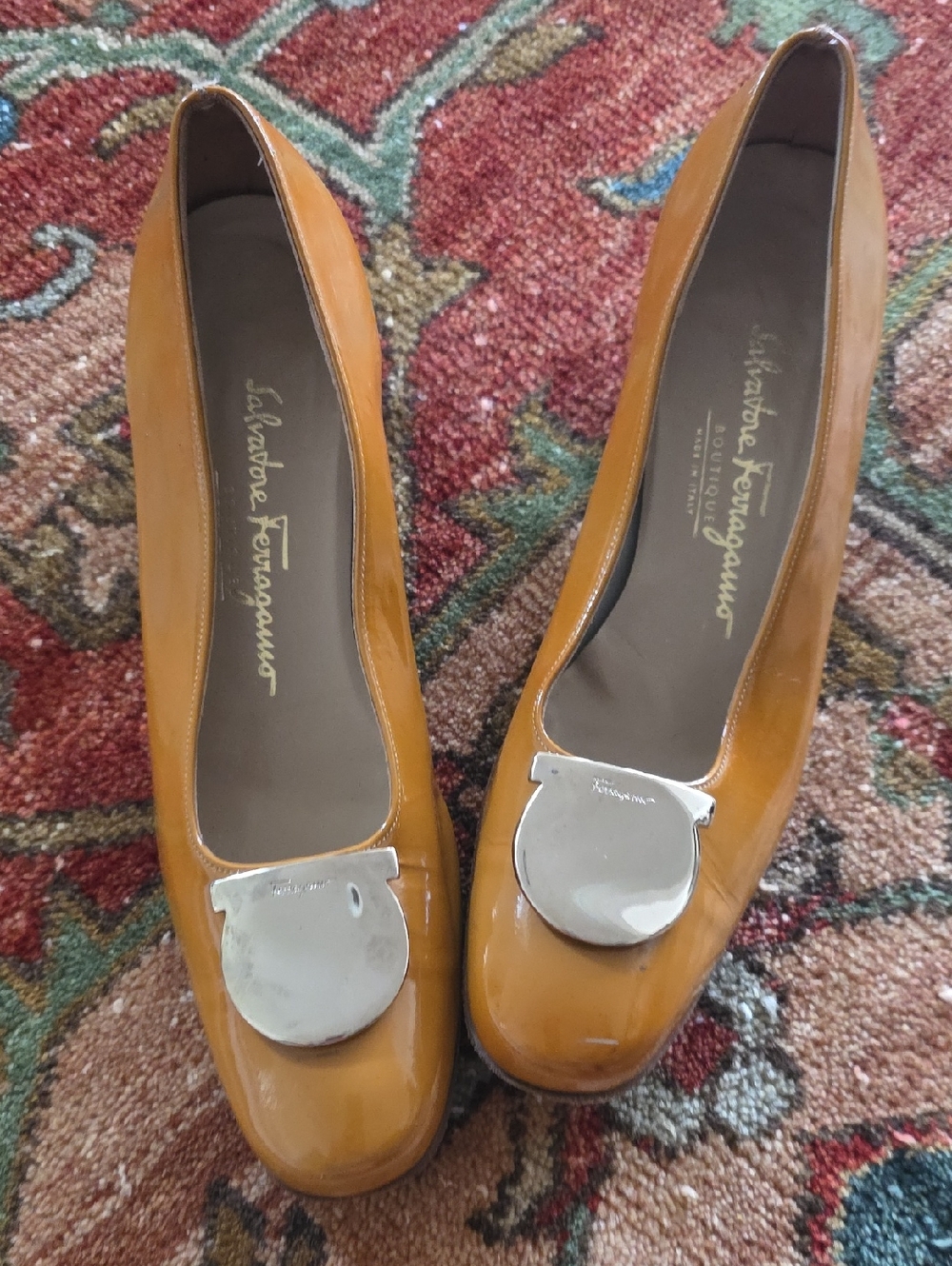 Salvatore Ferragamo Caramel Patent Leather Pumps with Silver Disc